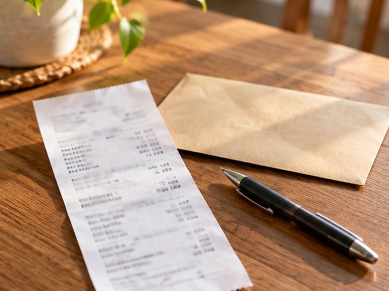 A repair receipt and envelope on a table